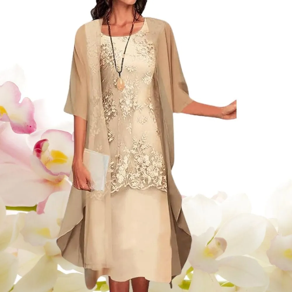 2 Piece Dress Sets Chiffon Tea Length Mother of The Bride Dresses for Wedding Floral Print Evening Gowns with Cardigan