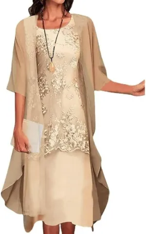 2 Piece Dress Sets Chiffon Tea Length Mother of The Bride Dresses for Wedding Floral Print Evening Gowns with Cardigan