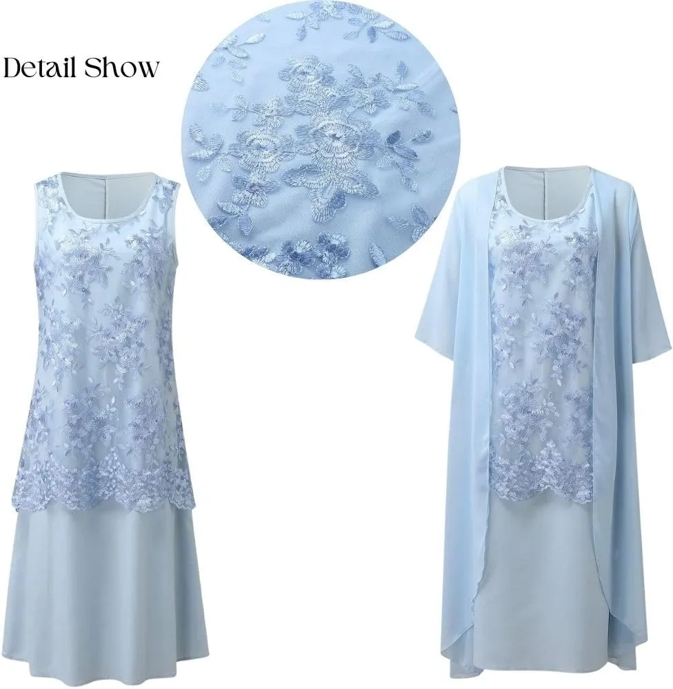 2 Piece Dress Sets Chiffon Tea Length Mother of The Bride Dresses for Wedding Floral Print Evening Gowns with Cardigan