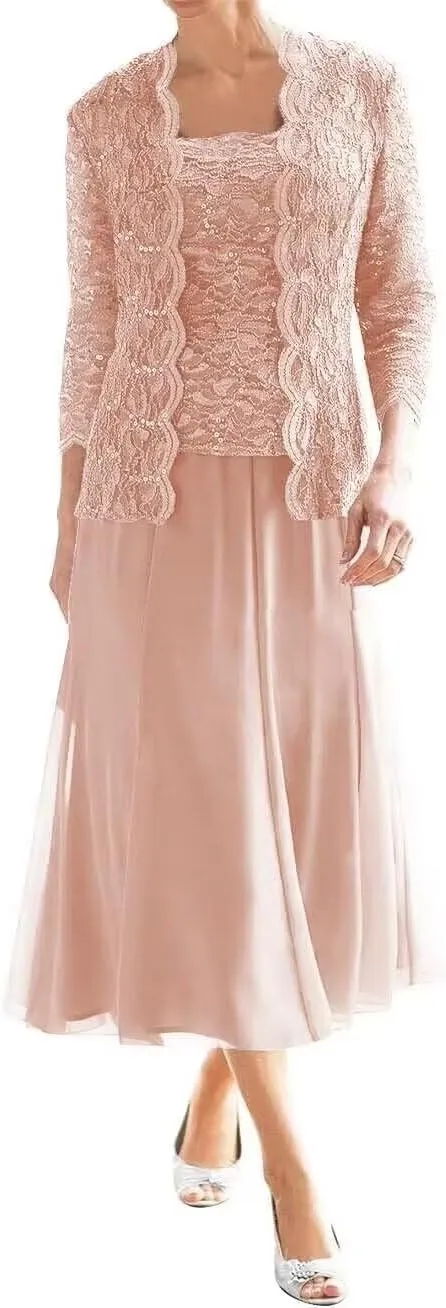 2 Piece Mother of The Bride Dress for Wedding Chiffon Laces Applique Mother of The Groom Dress with Jacket ZD103