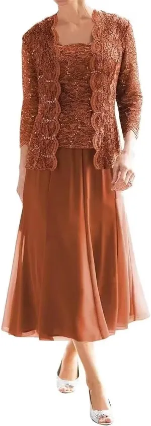 2 Piece Mother of The Bride Dress for Wedding Chiffon Laces Applique Mother of The Groom Dress with Jacket ZD103