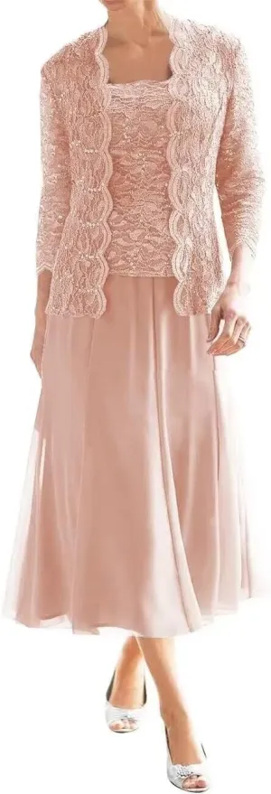 2 Piece Mother of The Bride Dress for Wedding Chiffon Laces Applique Mother of The Groom Dress with Jacket ZD103
