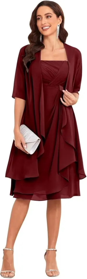 2 Pieces Mother of The Bride Dresses for Wedding Chiffon Ruffle Pleated Formal Evening Gown with Jacket YHW10