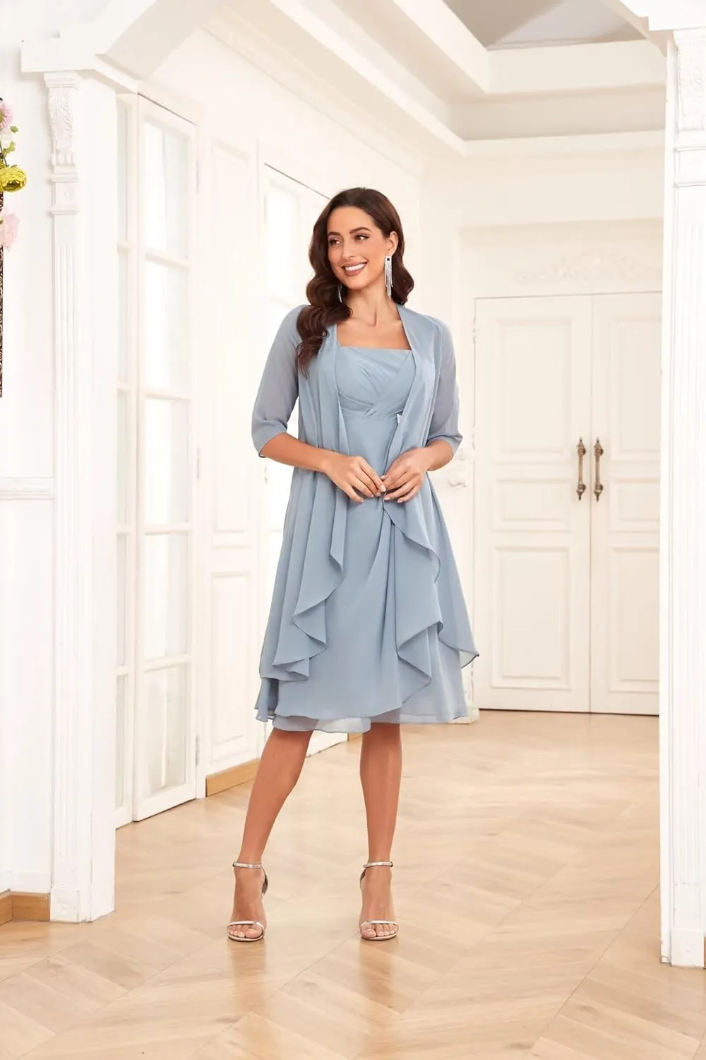 2 Pieces Mother of The Bride Dresses for Wedding Chiffon Ruffle Pleated Formal Evening Gown with Jacket YHW10