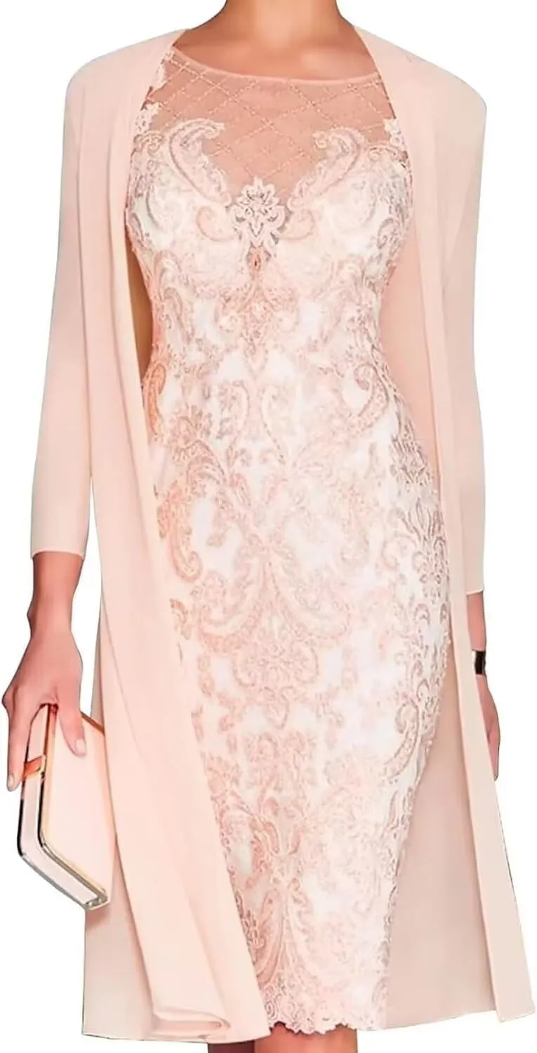 2 Pieces Mother of The Bride Dresses for Wedding with 3/4 Sleeves Tea Length Wedding Guest Dresses with Jacket