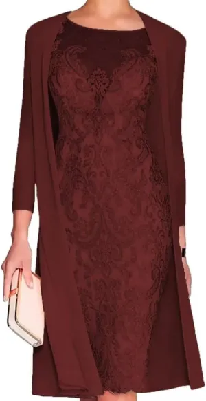 2 Pieces Mother of The Bride Dresses for Wedding with 3/4 Sleeves Tea Length Wedding Guest Dresses with Jacket