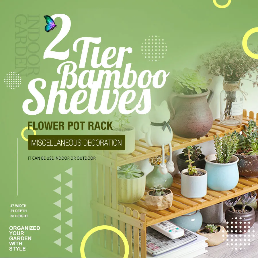 2-Tier Bamboo Plant Stand | Flower Pot Rack | Garden Shelves | Indoor Outdoor Patio