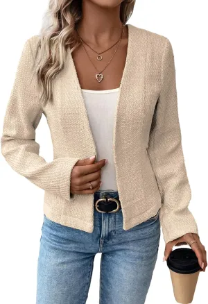2025 Women's Spring Tweed Blazer Fully-Lined Collarless Open Front Elegant Petite Cute Fashion Casual Work Jacket
