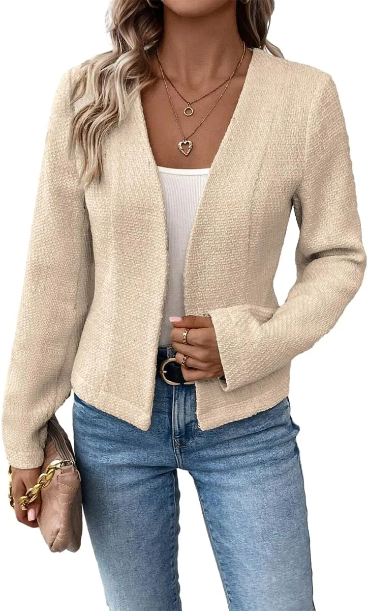 2025 Women's Spring Tweed Blazer Fully-Lined Collarless Open Front Elegant Petite Cute Fashion Casual Work Jacket