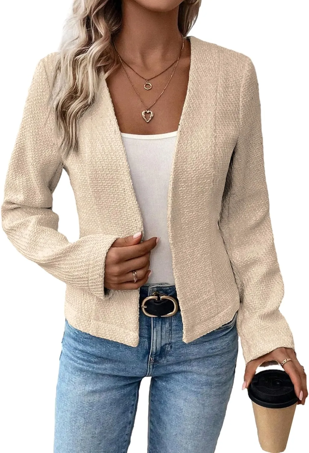 2025 Women's Spring Tweed Blazer Fully-Lined Collarless Open Front Elegant Petite Cute Fashion Casual Work Jacket