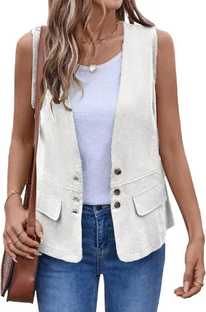 2025 Womens Summer Cotton Linen Vest Sleeveless Lightweight Button Down V-Neck Casual Fashion Work Jacket