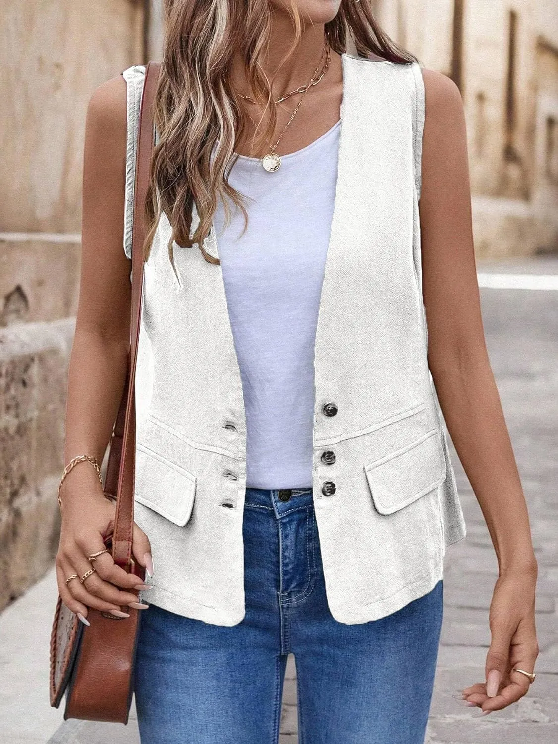 2025 Womens Summer Cotton Linen Vest Sleeveless Lightweight Button Down V-Neck Casual Fashion Work Jacket