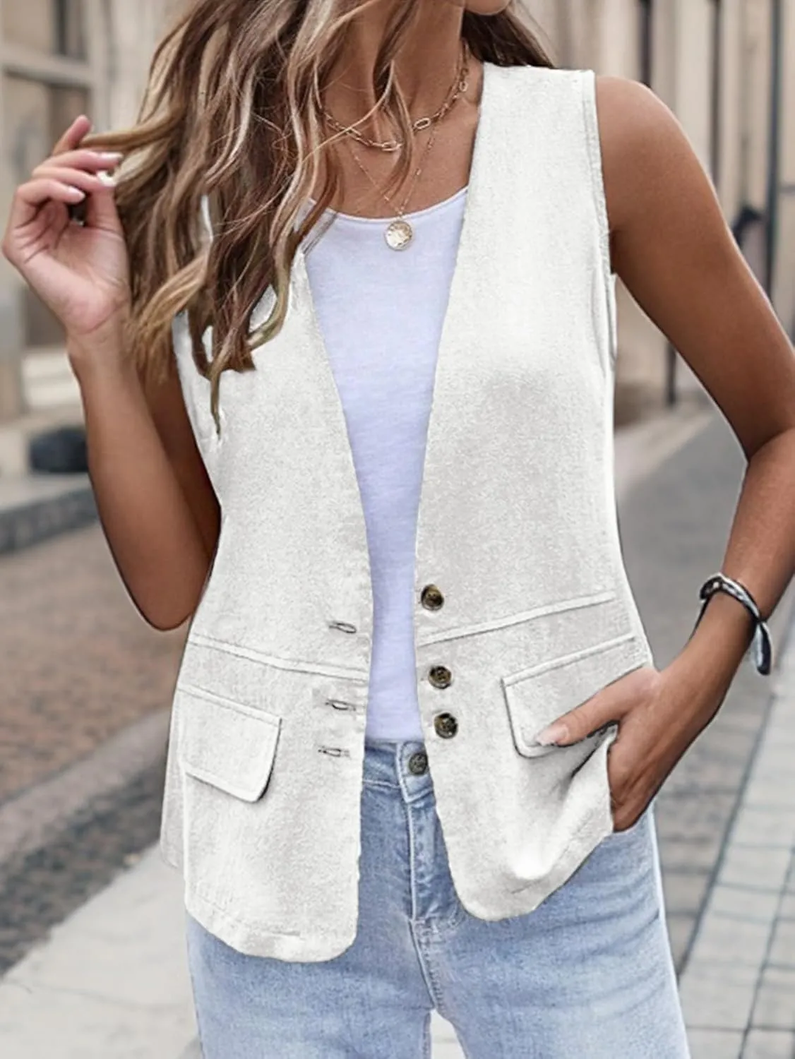 2025 Womens Summer Cotton Linen Vest Sleeveless Lightweight Button Down V-Neck Casual Fashion Work Jacket