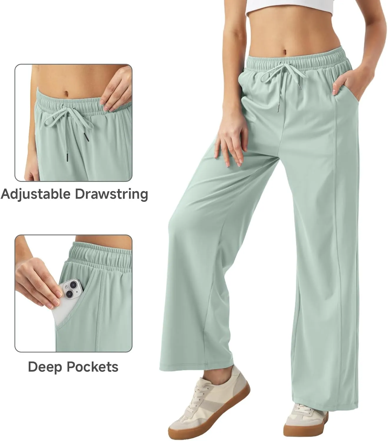 26"/28"/30" Inseam Womens Summer Pants Cool Thin Petite Sweatpants Wide Leg Elastic Waist Loose Lightweight with Pocket UPF50