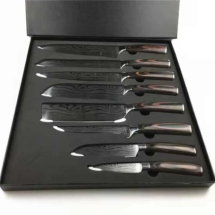 8 Inch 3Cr13 Stainless Steel Kitchen Knife Set, Laser Cut Santoku Slicing Knifeطقم سكاكين مطبخ 8 بوصة 3Cr13 من الفولاذ المقاوم للصدأ ، أداة سانتوكو لتقطيع شرائح بالليزر