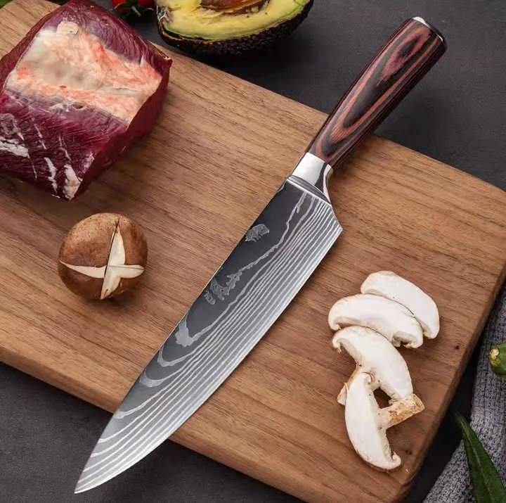 8 Inch 3Cr13 Stainless Steel Kitchen Knife Set, Laser Cut Santoku Slicing Knifeطقم سكاكين مطبخ 8 بوصة 3Cr13 من الفولاذ المقاوم للصدأ ، أداة سانتوكو لتقطيع شرائح بالليزر