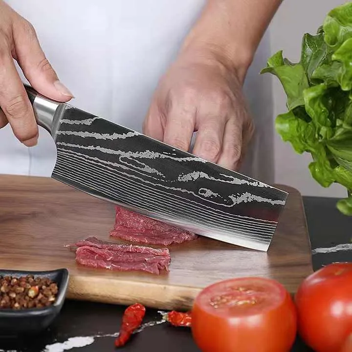 8 Inch 3Cr13 Stainless Steel Kitchen Knife Set, Laser Cut Santoku Slicing Knifeطقم سكاكين مطبخ 8 بوصة 3Cr13 من الفولاذ المقاوم للصدأ ، أداة سانتوكو لتقطيع شرائح بالليزر