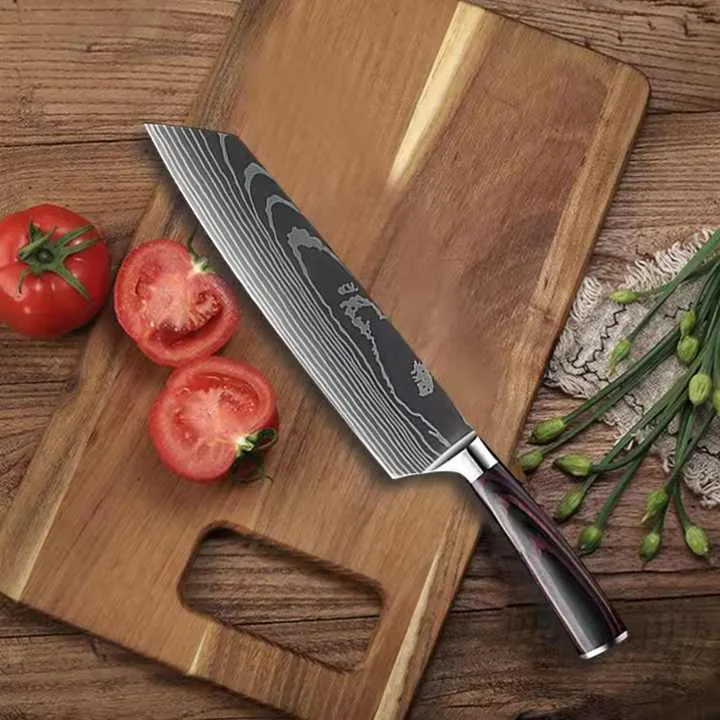 8 Inch 3Cr13 Stainless Steel Kitchen Knife Set, Laser Cut Santoku Slicing Knifeطقم سكاكين مطبخ 8 بوصة 3Cr13 من الفولاذ المقاوم للصدأ ، أداة سانتوكو لتقطيع شرائح بالليزر