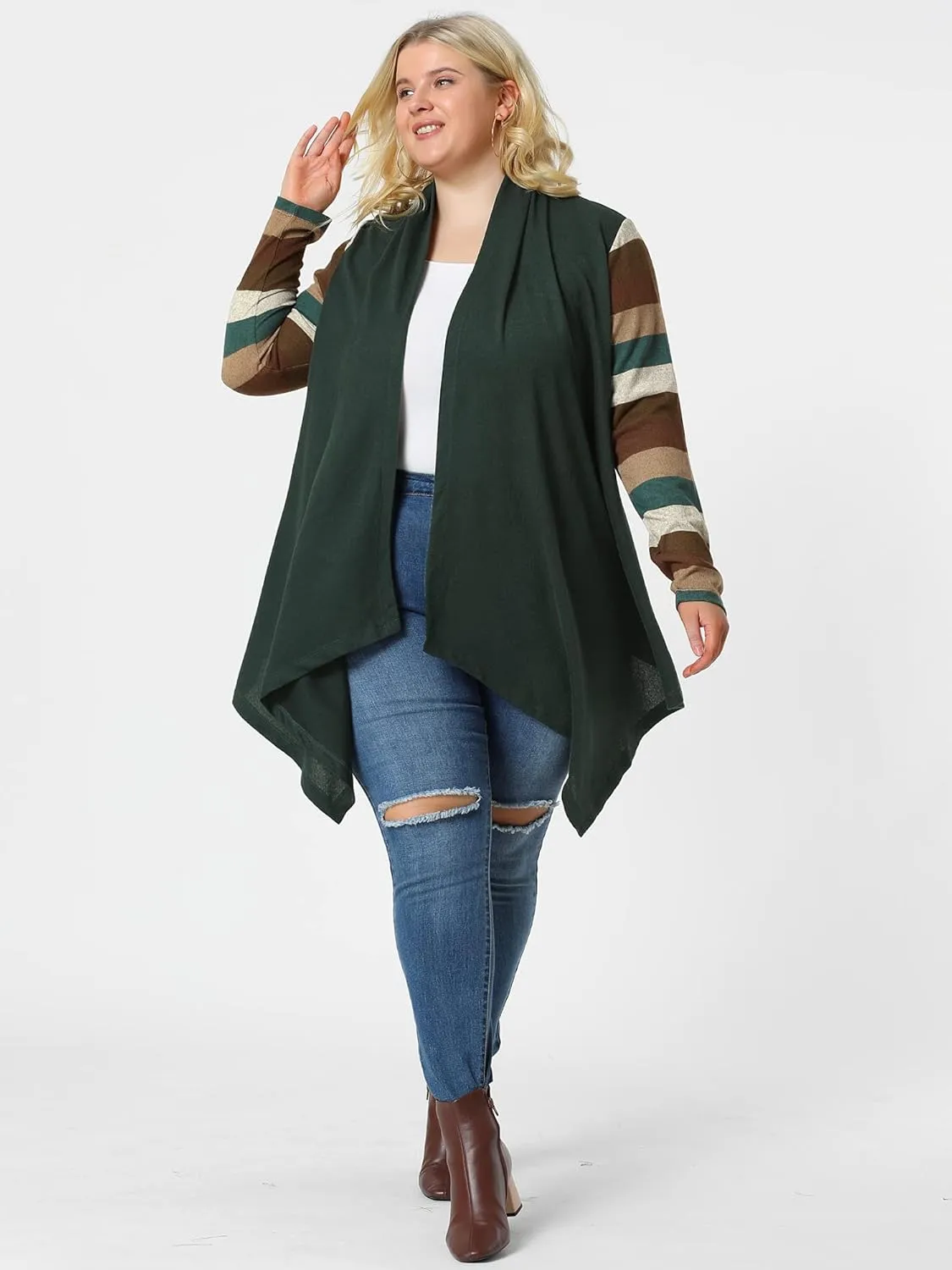 Agnes Orinda Women's Plus Size Cardigan Duster Open Front Long Sleeve Lightweight Stripe Splicing Long Cardigans