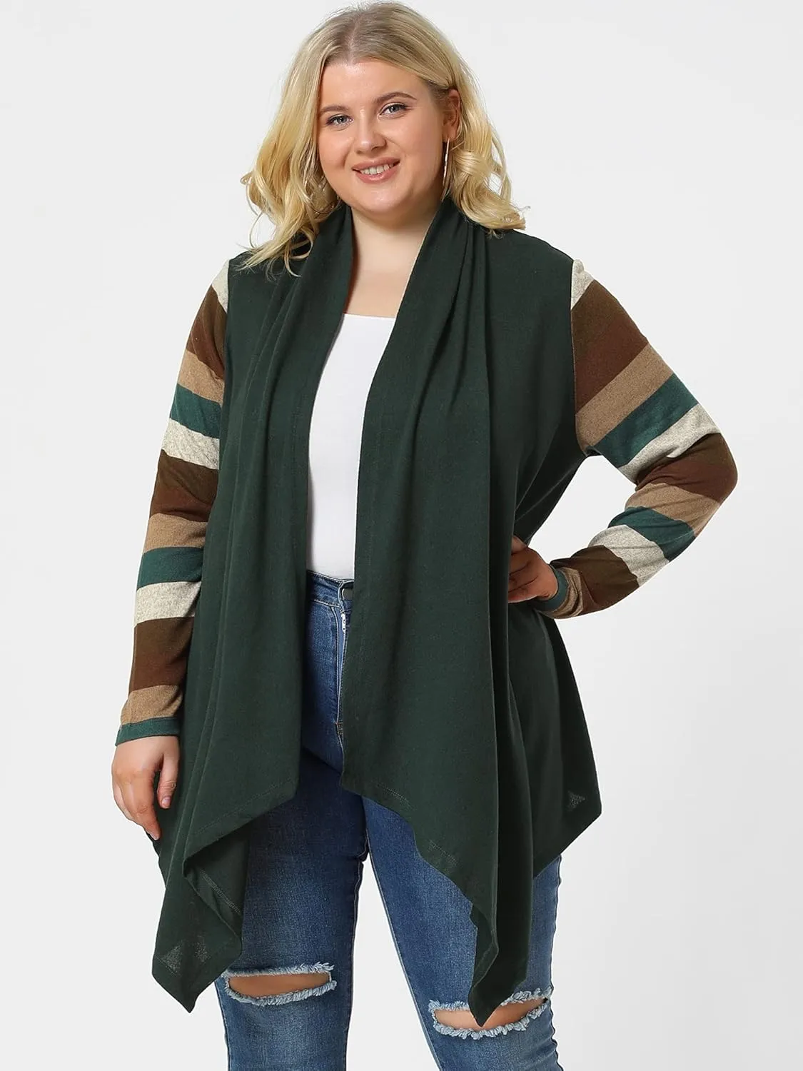 Agnes Orinda Women's Plus Size Cardigan Duster Open Front Long Sleeve Lightweight Stripe Splicing Long Cardigans