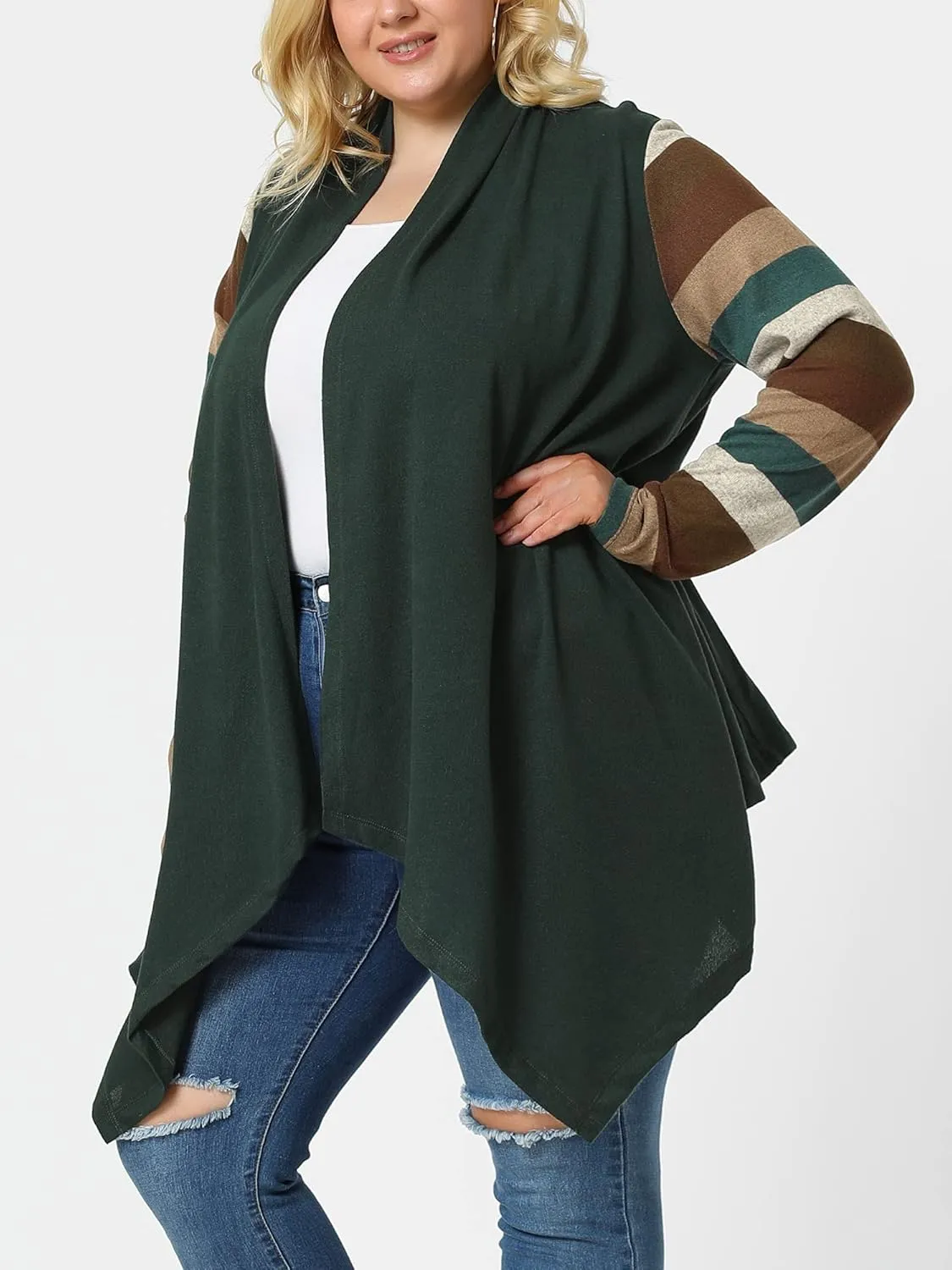 Agnes Orinda Women's Plus Size Cardigan Duster Open Front Long Sleeve Lightweight Stripe Splicing Long Cardigans