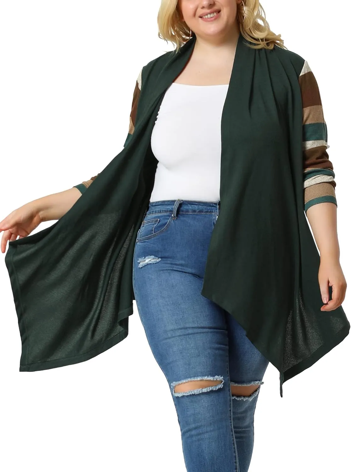 Agnes Orinda Women's Plus Size Cardigan Duster Open Front Long Sleeve Lightweight Stripe Splicing Long Cardigans