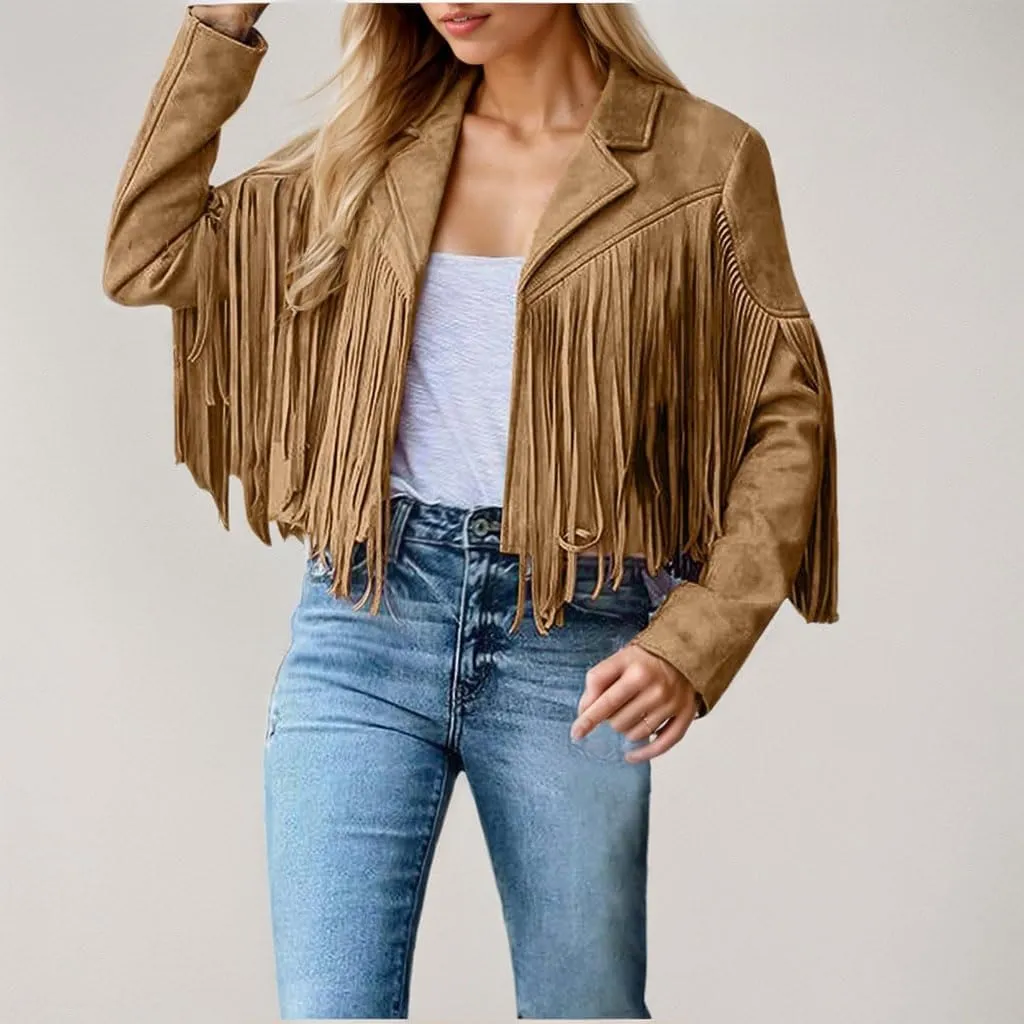 Akivide Women's Trendy Faux Suede Leather Tassel Cropped Coat Fall Spring Casual Lapel Collar Jacket Motorcycle Fashion Coats