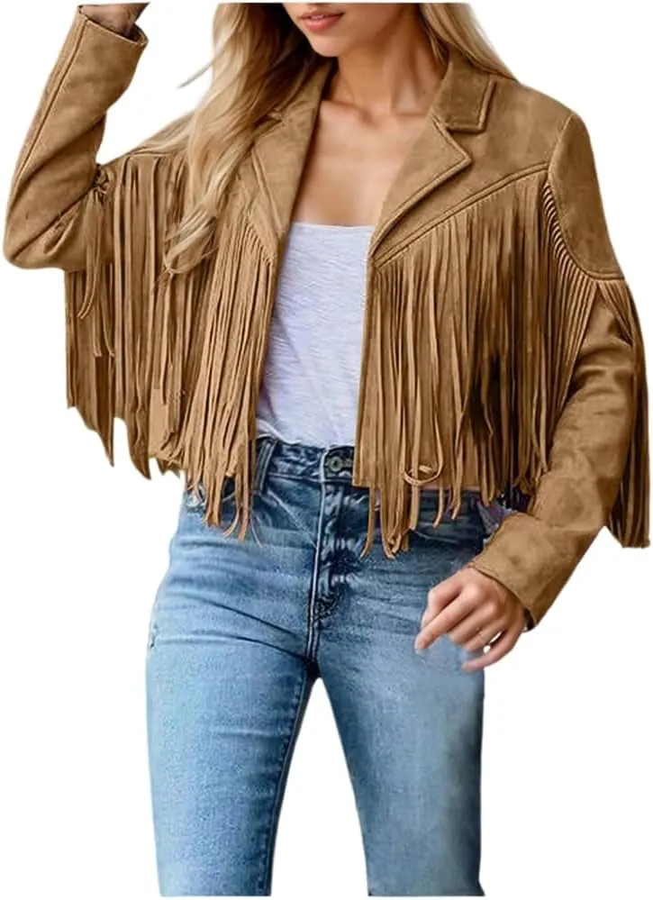 Akivide Women's Trendy Faux Suede Leather Tassel Cropped Coat Fall Spring Casual Lapel Collar Jacket Motorcycle Fashion Coats