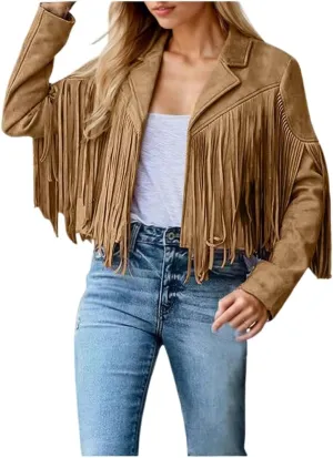 Akivide Women's Trendy Faux Suede Leather Tassel Cropped Coat Fall Spring Casual Lapel Collar Jacket Motorcycle Fashion Coats