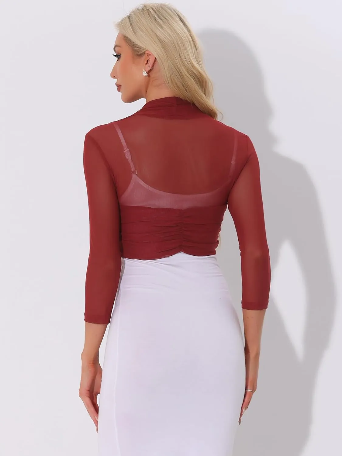 Allegra K Women's 3/4 Sleeve Sheer Mesh Shrug Open Front Cropped Bolero Cardigan