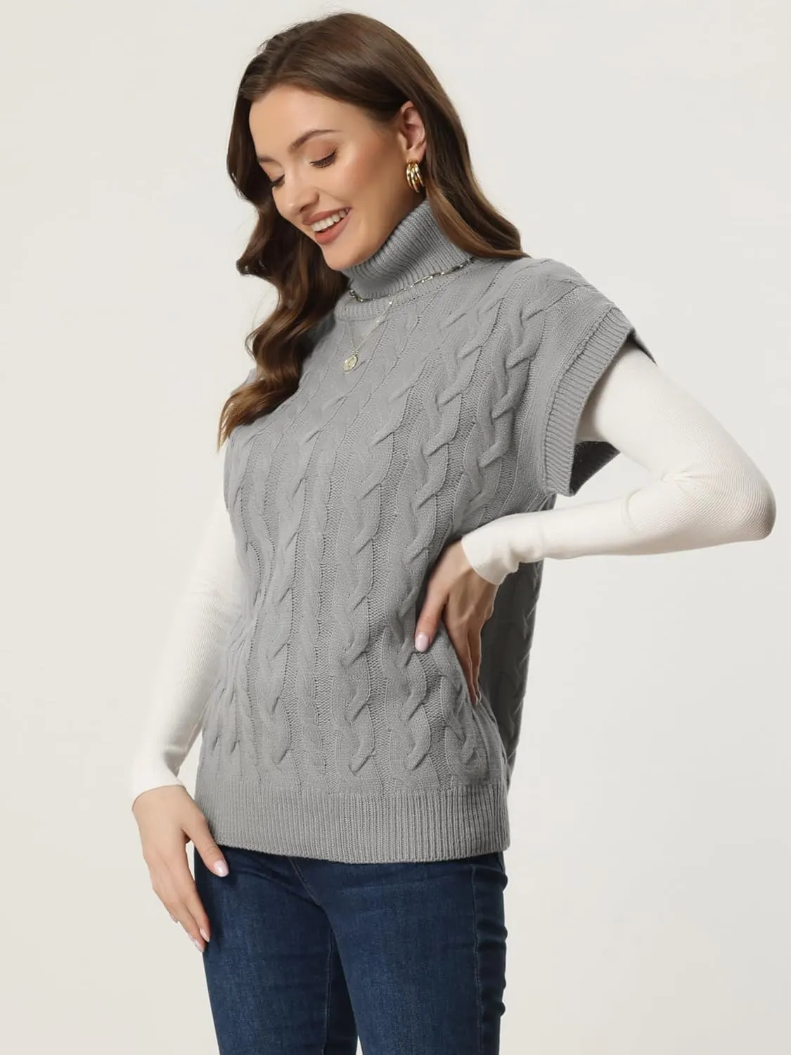 Allegra K Women's Casual Turtleneck Sweaters Mock Neck Twist Sleeveless Vests Knit Pullover Sweater Vest