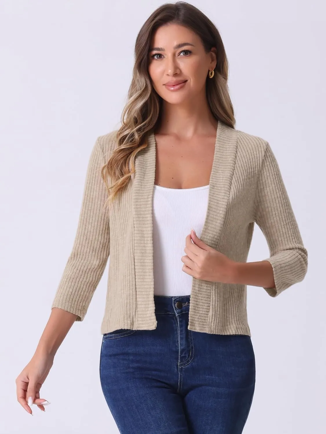 Allegra K Women's Cropped Elegant Sweater Open Front Long Sleeve Knit Shrug Casual Outfit Cardigans