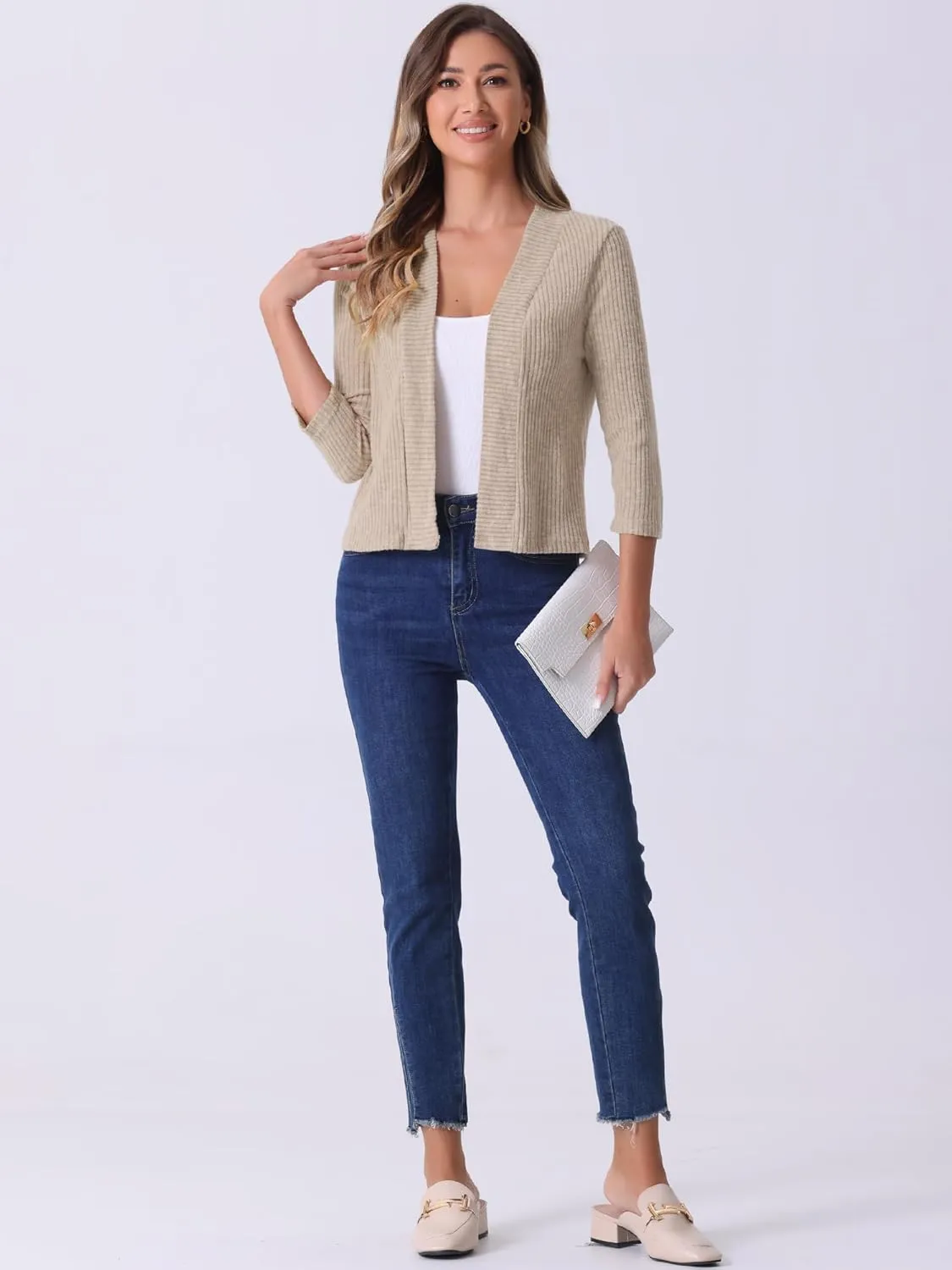 Allegra K Women's Cropped Elegant Sweater Open Front Long Sleeve Knit Shrug Casual Outfit Cardigans