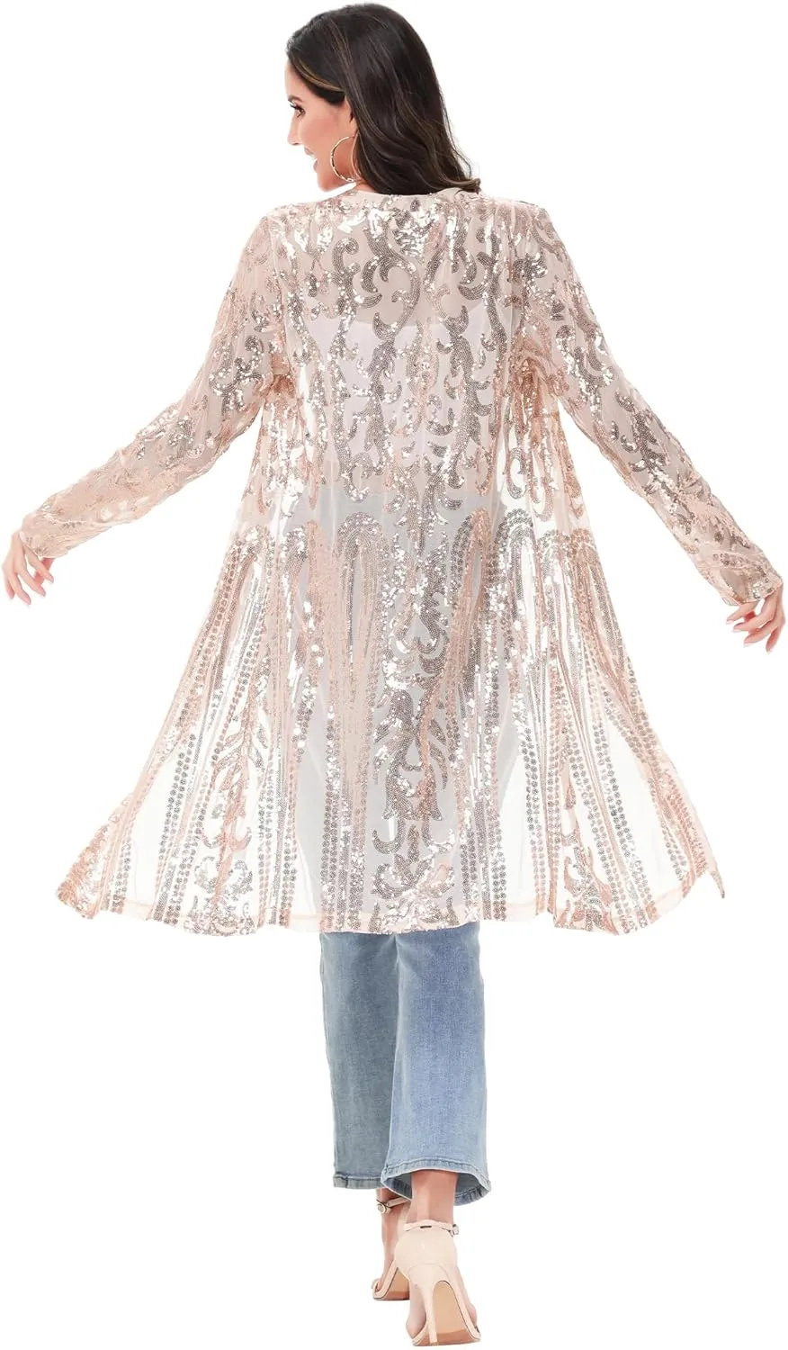 Anna-Kaci Women's Sparkly Sequin Cardigan Long Sleeve Open Front Glitter Kimono