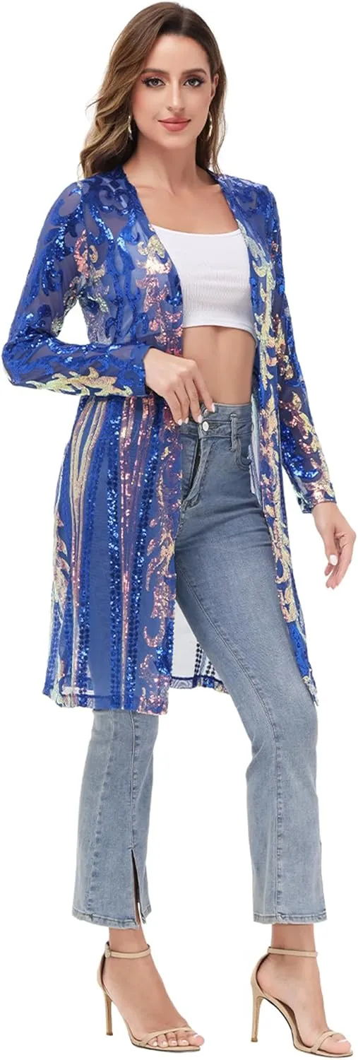 Anna-Kaci Women's Sparkly Sequin Cardigan Long Sleeve Open Front Glitter Kimono