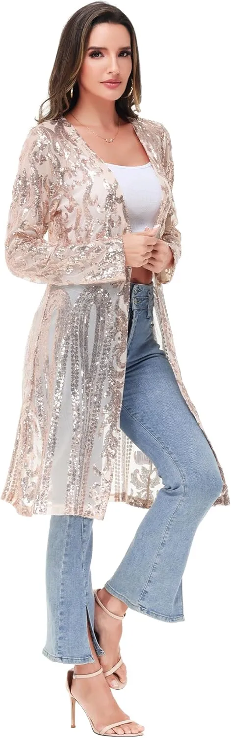 Anna-Kaci Women's Sparkly Sequin Cardigan Long Sleeve Open Front Glitter Kimono