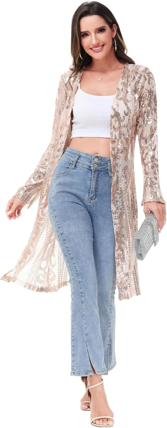 Anna-Kaci Women's Sparkly Sequin Cardigan Long Sleeve Open Front Glitter Kimono