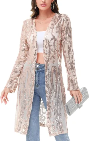 Anna-Kaci Women's Sparkly Sequin Cardigan Long Sleeve Open Front Glitter Kimono