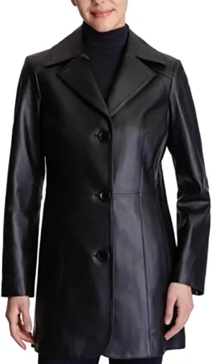 Anne Klein Women's Petite Leather Coat for Women, Black, Medium (US, Alpha, Medium, Regular, Petite, Black)