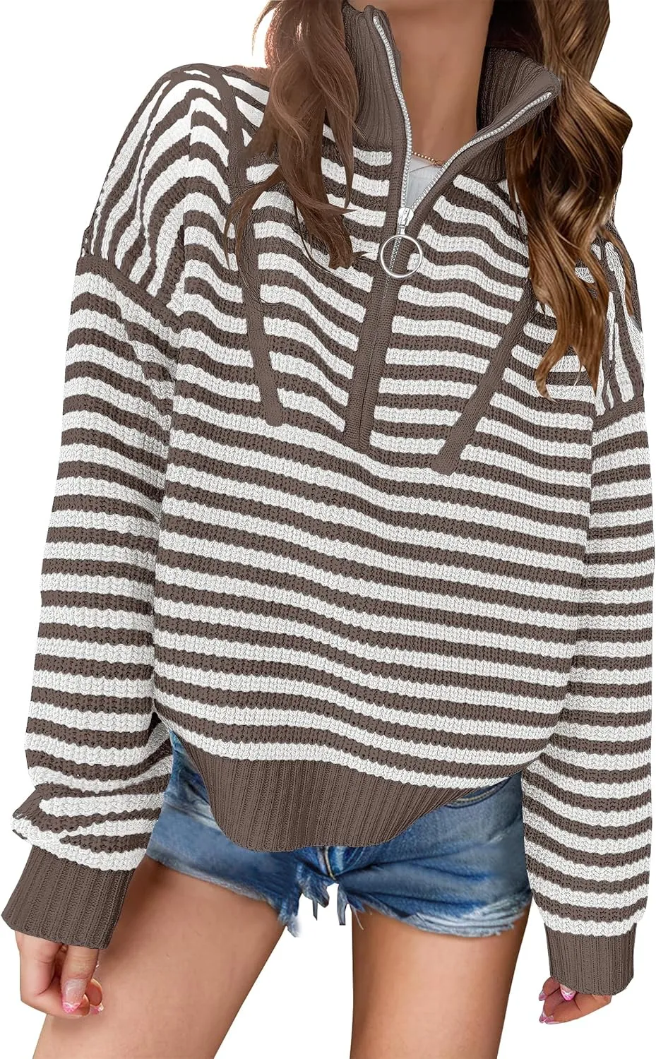 ANRABESS Womens Striped Sweaters Long Sleeve Casual Half Zip Knit Pullover Tops 2024 Fall Comfy Loose Ribbed Sweater
