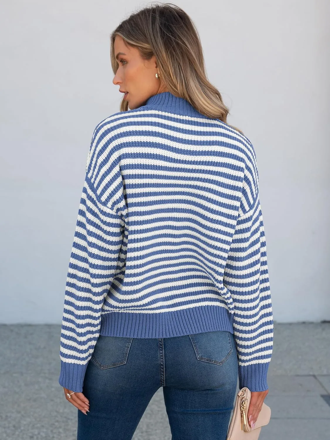 ANRABESS Womens Striped Sweaters Long Sleeve Casual Half Zip Knit Pullover Tops 2024 Fall Comfy Loose Ribbed Sweater
