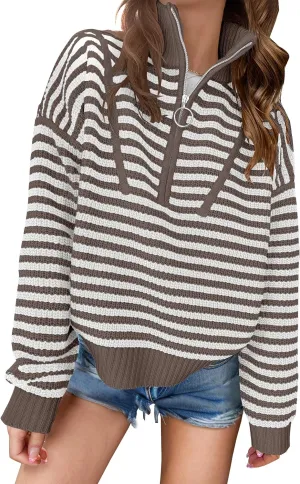 ANRABESS Womens Striped Sweaters Long Sleeve Casual Half Zip Knit Pullover Tops 2024 Fall Comfy Loose Ribbed Sweater