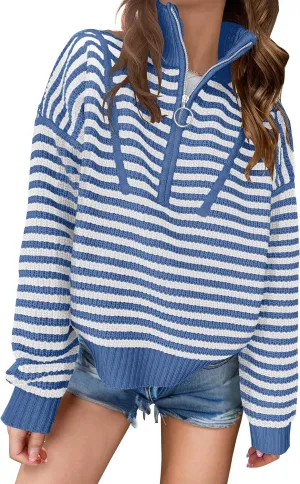 ANRABESS Womens Striped Sweaters Long Sleeve Casual Half Zip Knit Pullover Tops 2024 Fall Comfy Loose Ribbed Sweater