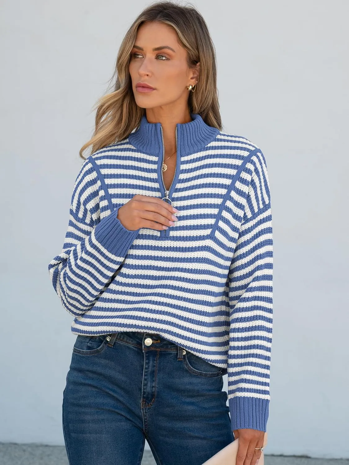 ANRABESS Womens Striped Sweaters Long Sleeve Casual Half Zip Knit Pullover Tops 2024 Fall Comfy Loose Ribbed Sweater