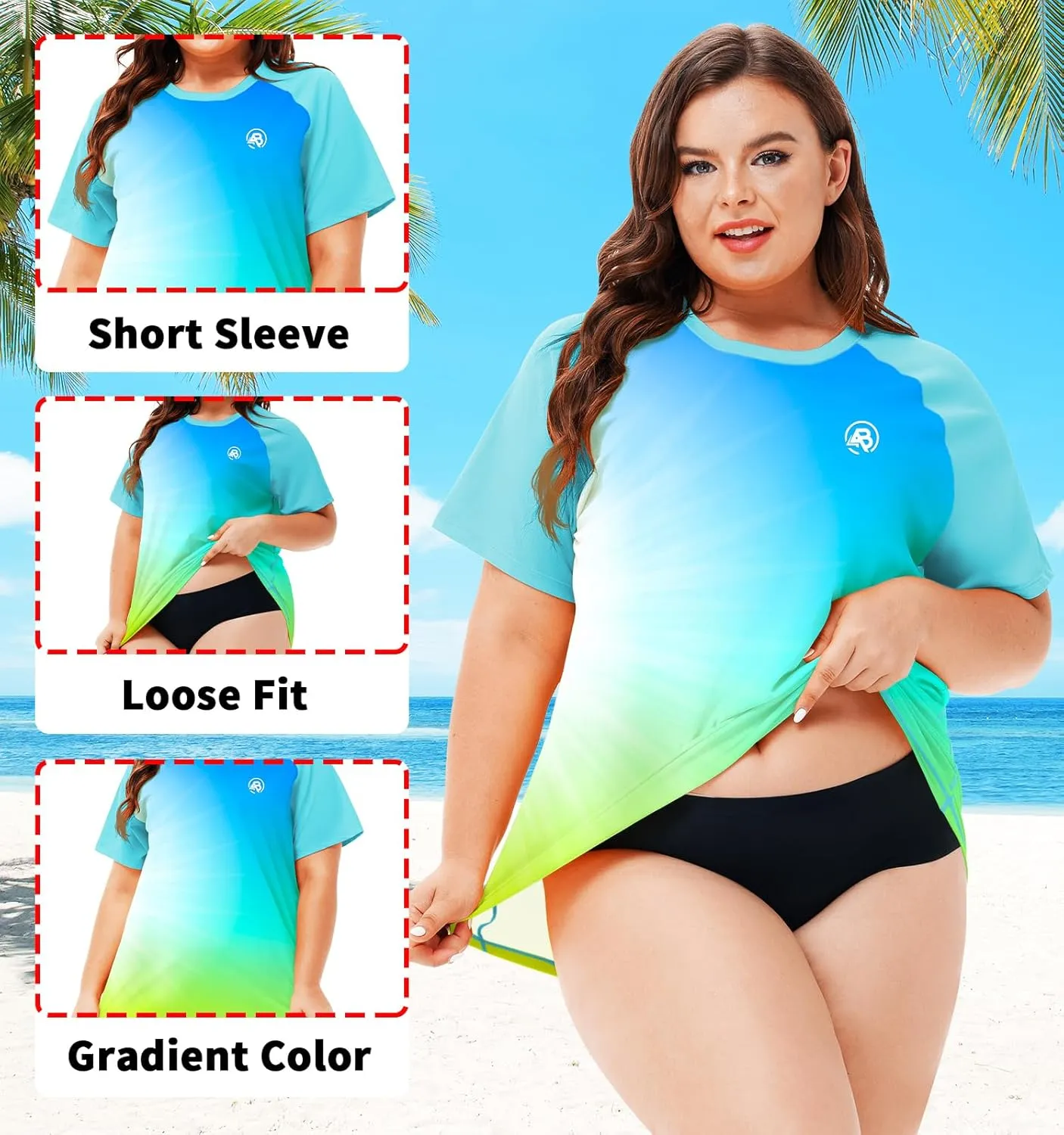 AOBUTE Women Plus Size Rash Guard Short Sleeve SPF Swim Shirts