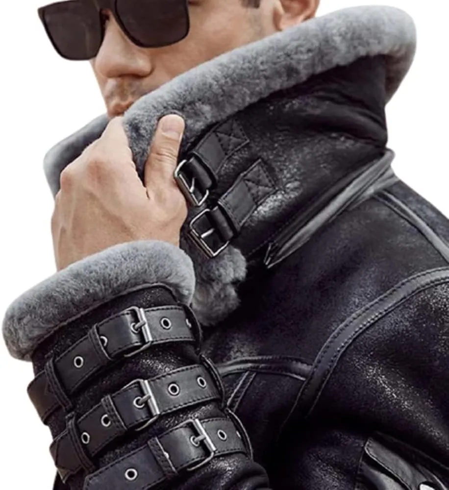 B3 Bomber Mens Jacket Aviator RAF Real Shearling Fur Flight Pilot WW2 Sheepskin Winter Leather Jacket