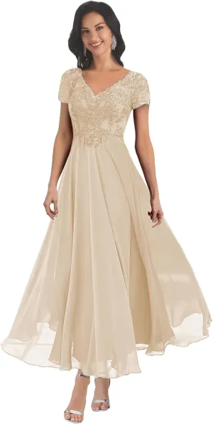BANTRATIC Chiffon Mother of The Bride Dresses for Wedding V Neck Corset Back Short Sleeves Lace Appliques Bridesmaid Dress