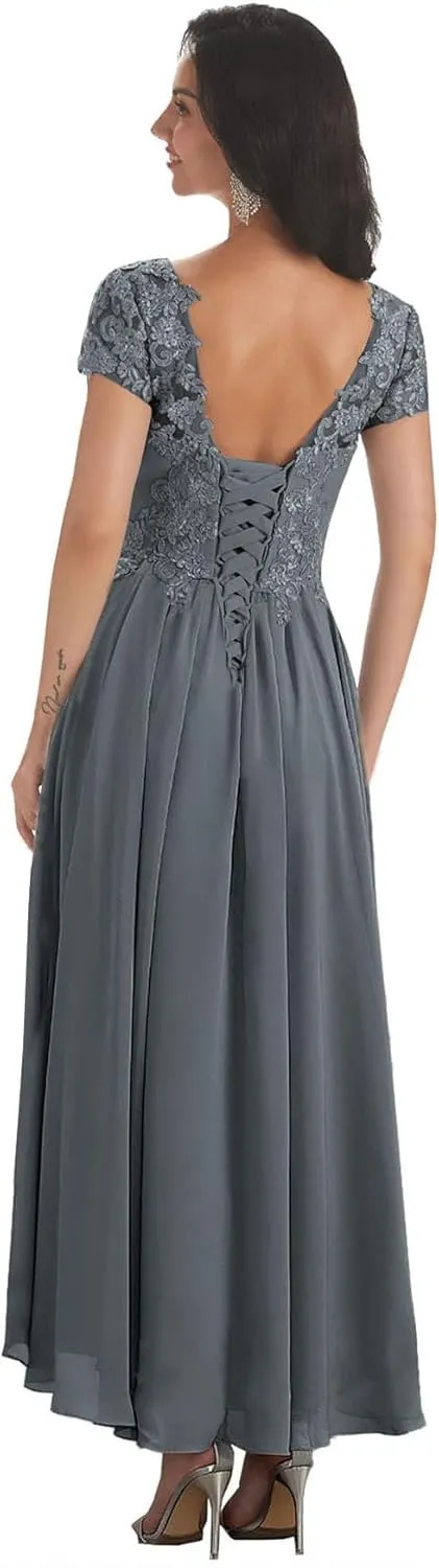 BANTRATIC Chiffon Mother of The Bride Dresses for Wedding V Neck Corset Back Short Sleeves Lace Appliques Bridesmaid Dress