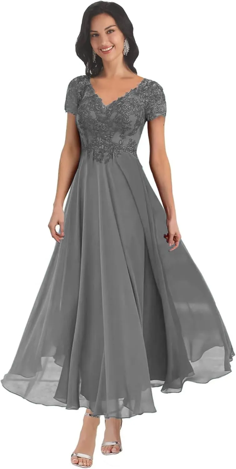 BANTRATIC Chiffon Mother of The Bride Dresses for Wedding V Neck Corset Back Short Sleeves Lace Appliques Bridesmaid Dress