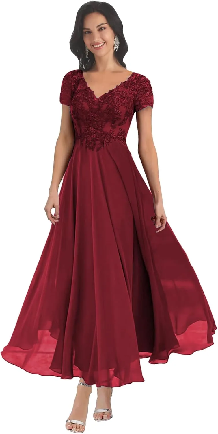 BANTRATIC Chiffon Mother of The Bride Dresses for Wedding V Neck Corset Back Short Sleeves Lace Appliques Bridesmaid Dress